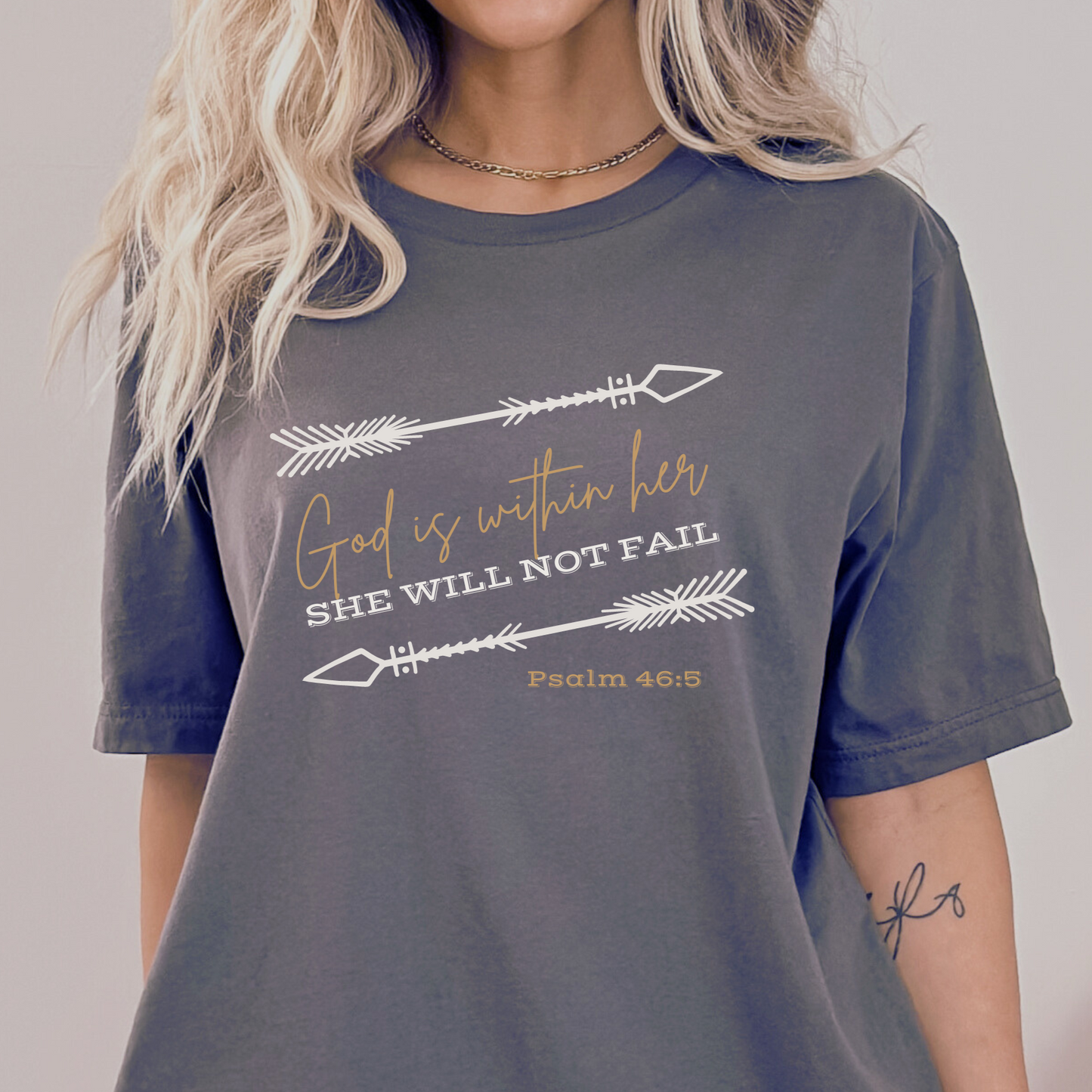 Western/Boho Style Christian T-shirt, God Is Within Her, She Will Not Fail, Psalm 46:5, Trendy Christian Tee