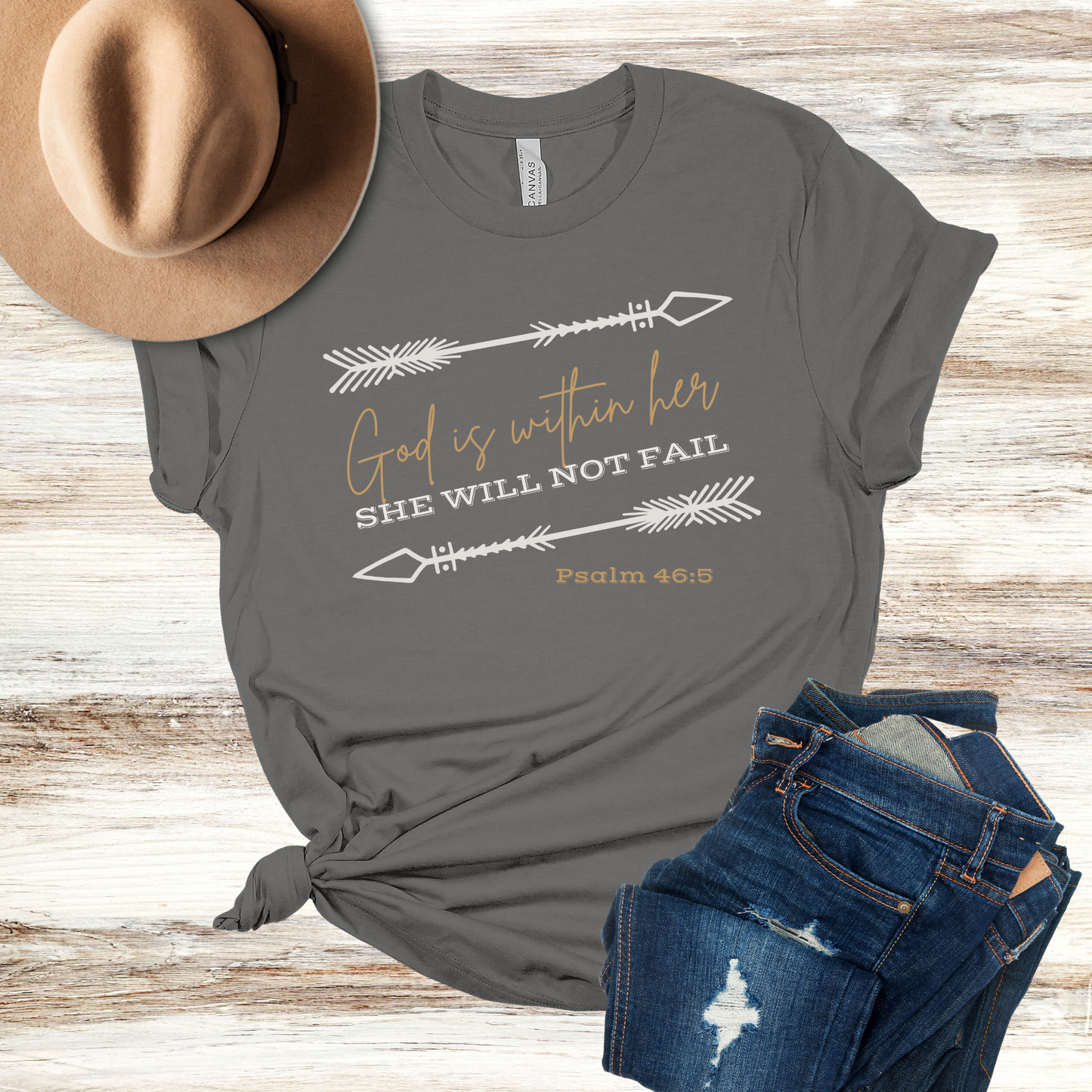 Western/Boho Style Christian T-shirt, God Is Within Her, She Will Not Fail, Psalm 46:5, Trendy Christian Tee