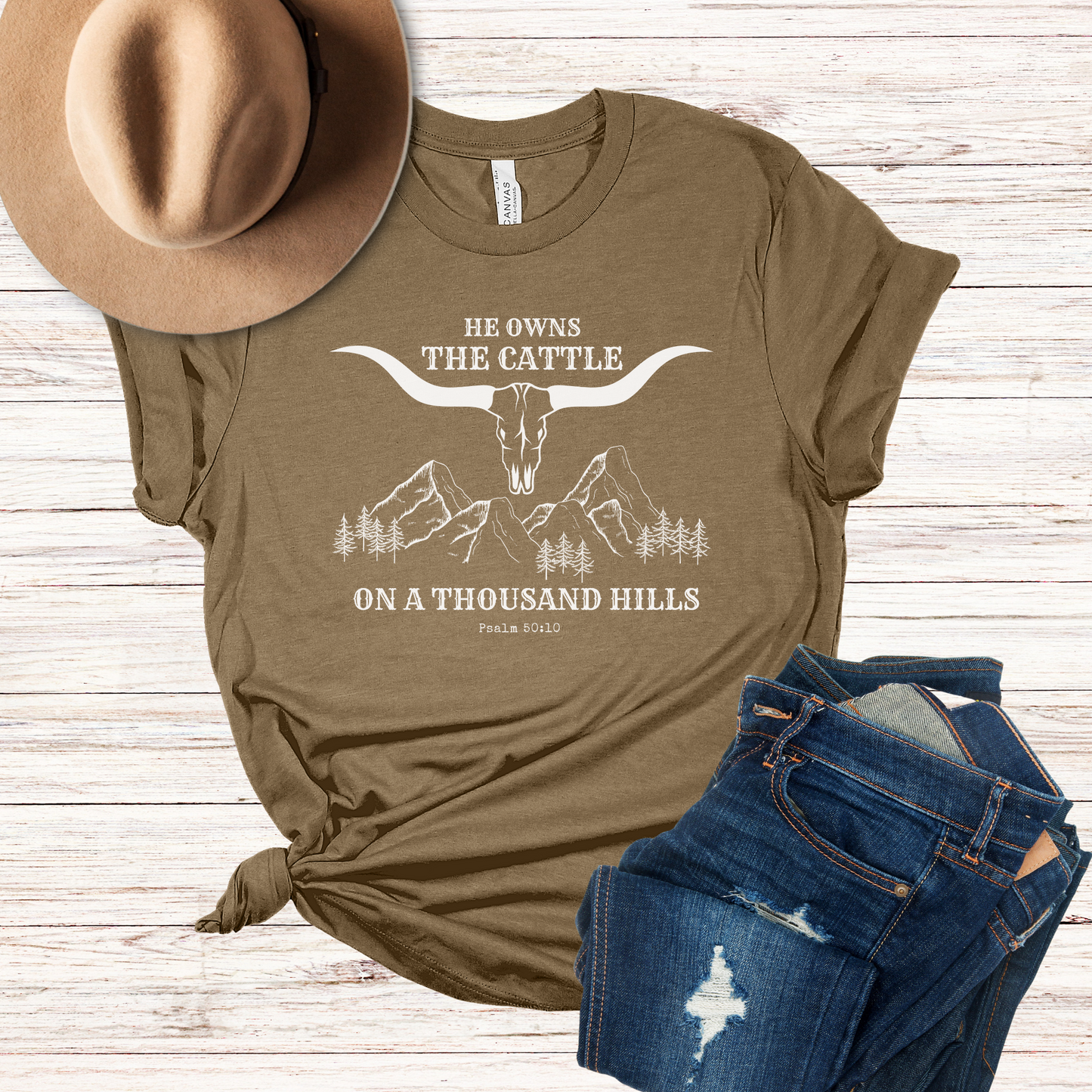 Christian Western-style T-shirt, He Owns the Cattle on a Thousand Hills, Psalm 50:10, Boho-style Christian Tee