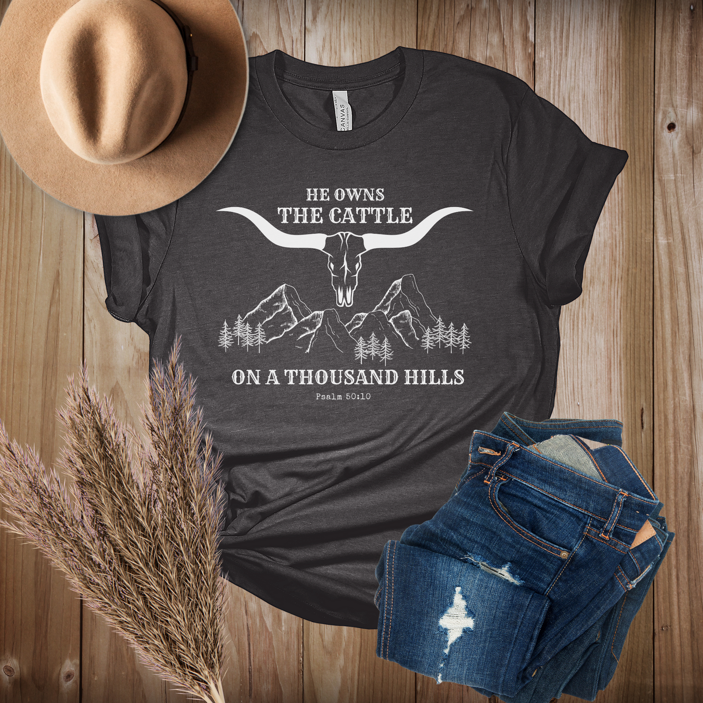 Christian Western-style T-shirt, He Owns the Cattle on a Thousand Hills, Psalm 50:10, Boho-style Christian Tee