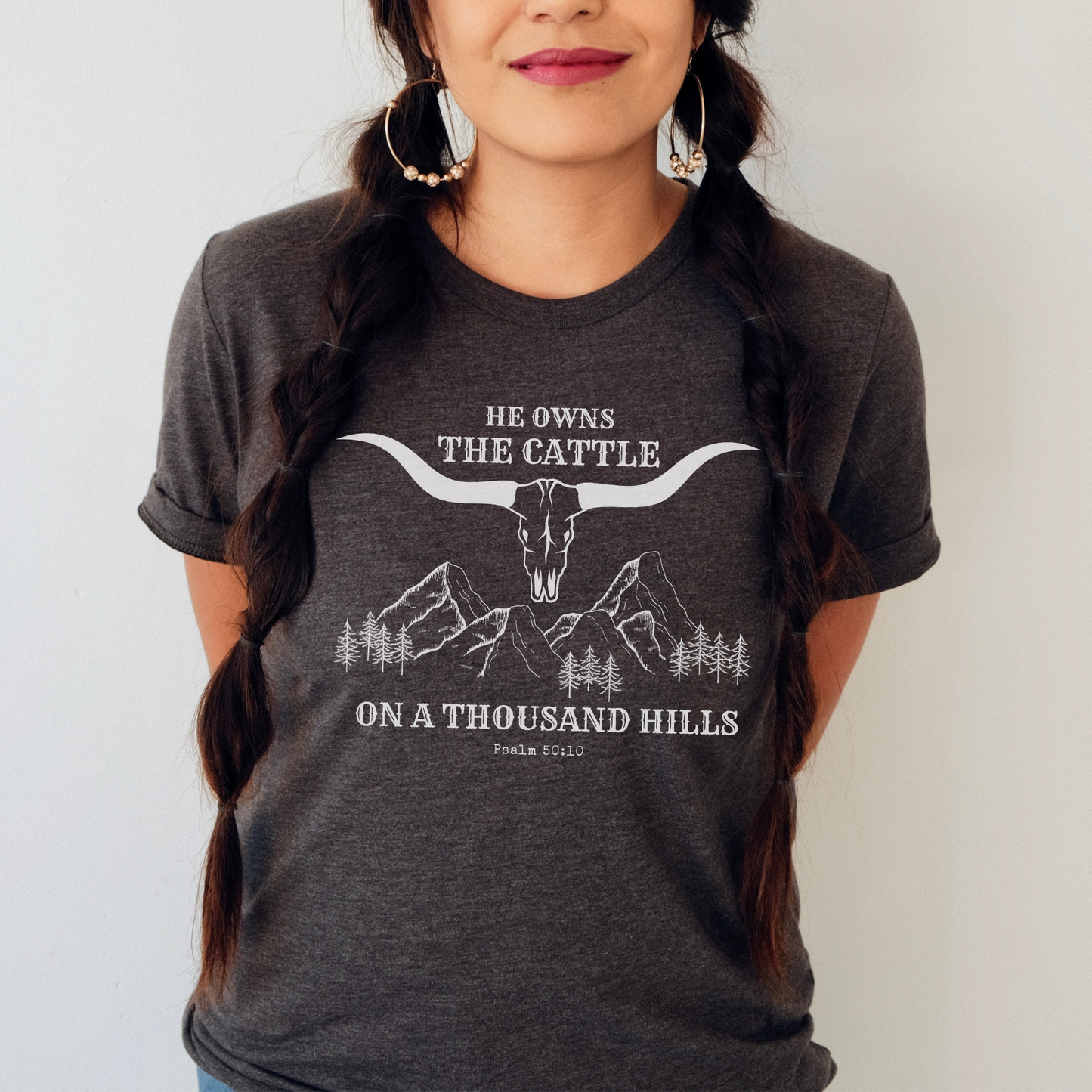 Christian Western-style T-shirt, He Owns the Cattle on a Thousand Hills, Psalm 50:10, Boho-style Christian Tee