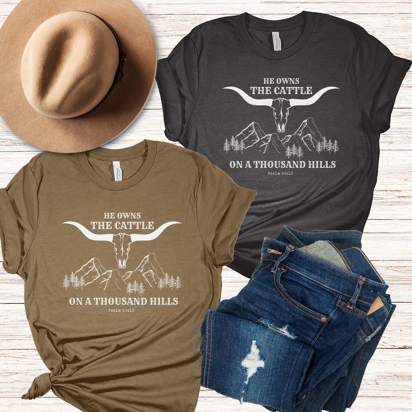 Christian Western-style T-shirt, He Owns the Cattle on a Thousand Hills, Psalm 50:10, Boho-style Christian Tee