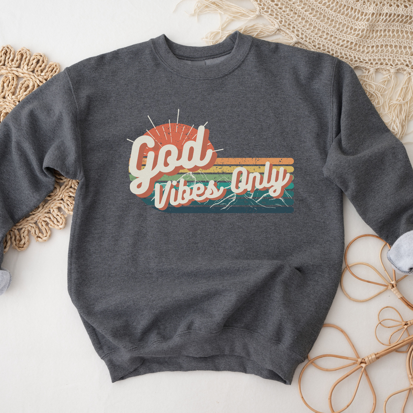 God Vibes Only Christian Crewneck Sweatshirt, Retro-Boho Style Sweatshirt