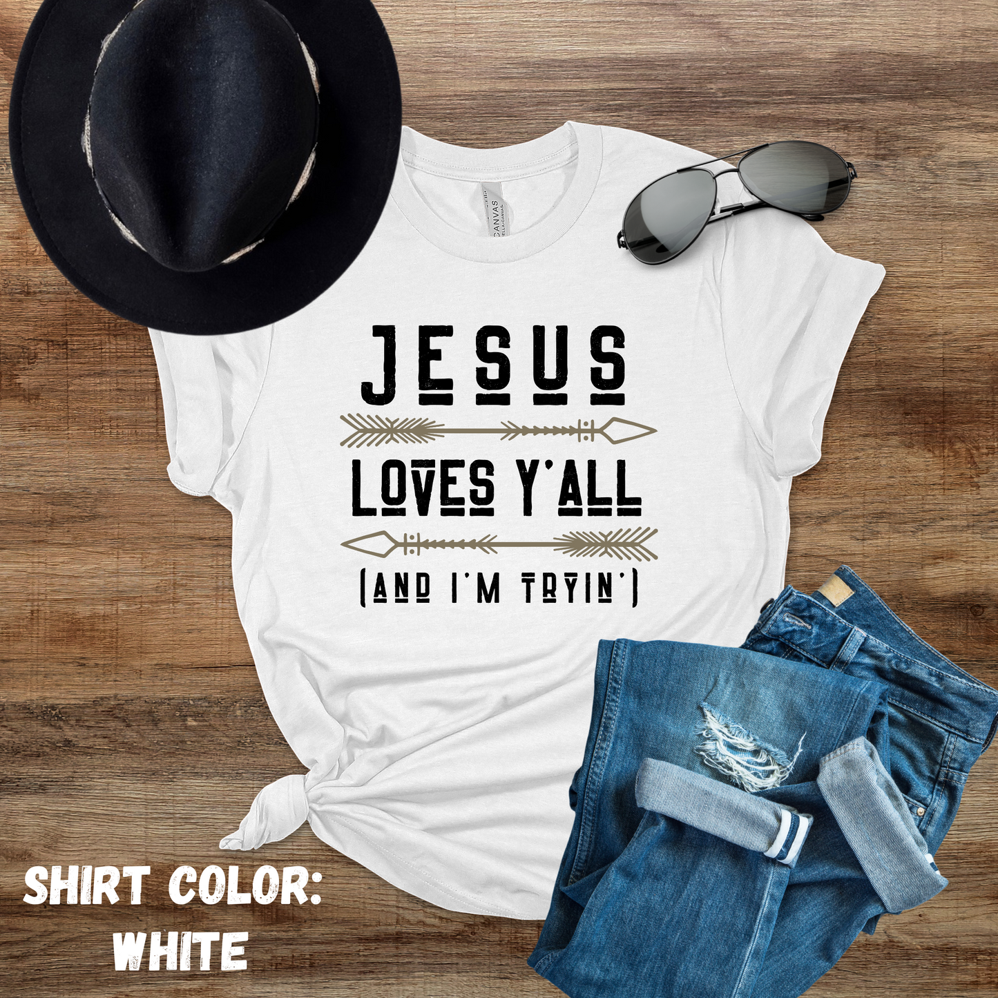 Jesus Loves Y'all (and I'm Tryin') Graphic Tee, Western/Boho Style Christian T-shirt