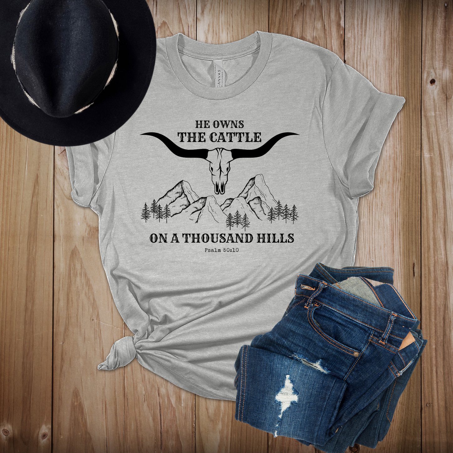 Christian T-shirt, He Owns the Cattle on a Thousand Hills, Psalm 50:10, Western/Boho-style Christian Tee