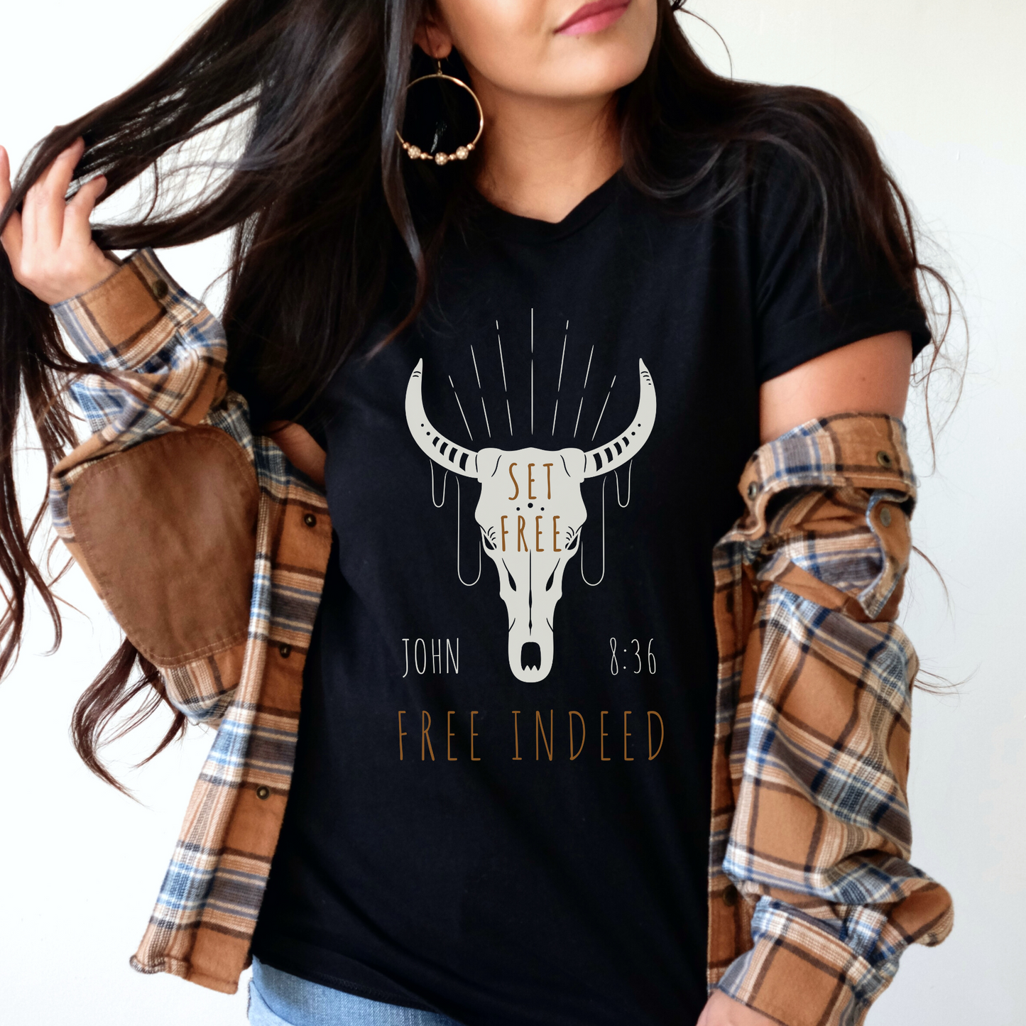 Women's Christian Graphic Tee, Set Free - Free Indeed - John 8:36, Western-Inspired Christian T-shirt