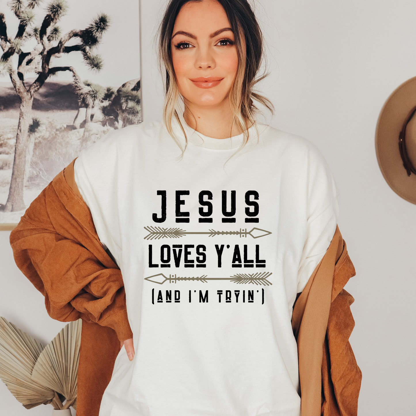 Jesus Loves Y'all (and I'm Tryin') Graphic Tee, Western/Boho Style Christian T-shirt