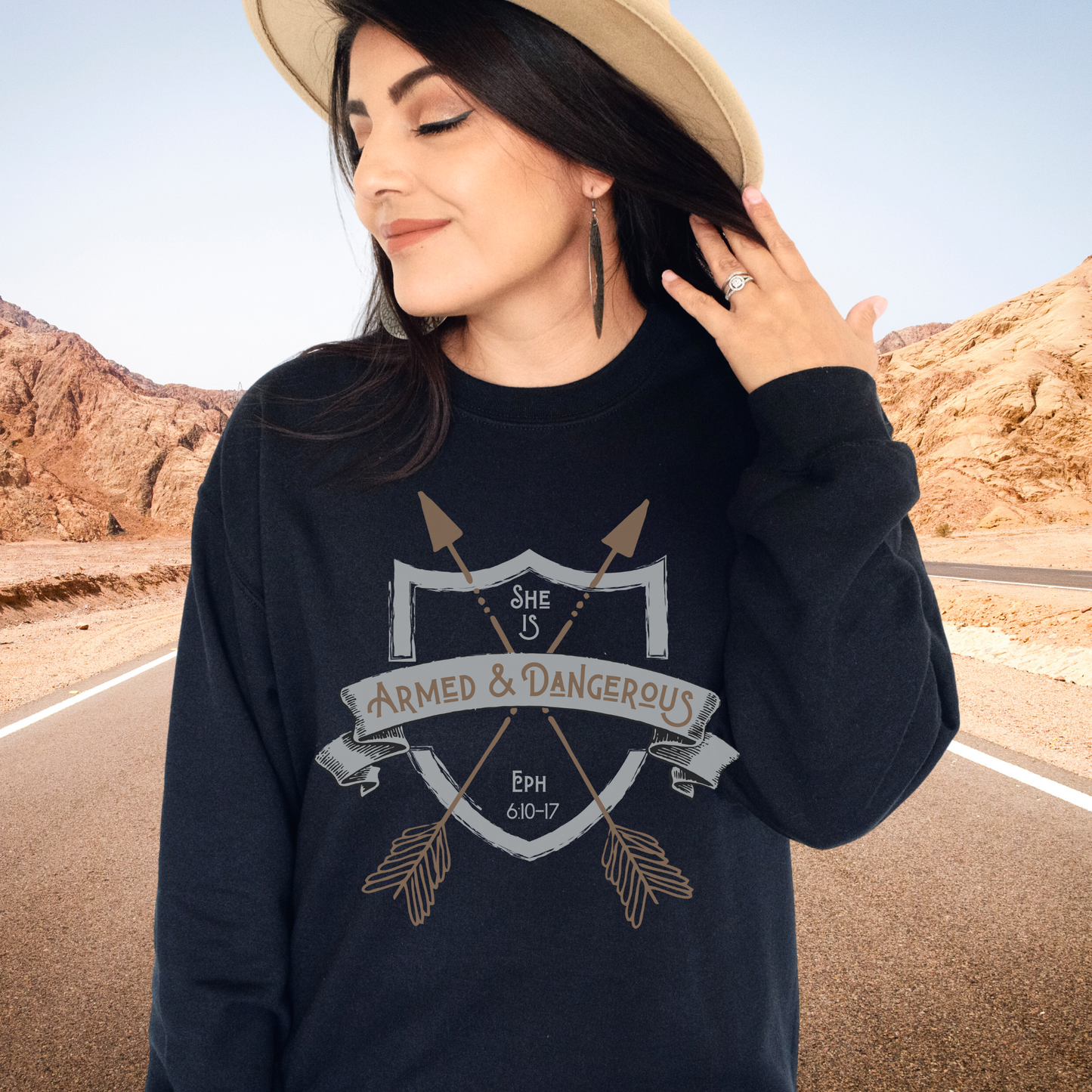 She is Armed & Dangerous, Christian Women's Crewneck Sweatshirt, Armor of God Ephesians 6:10-17