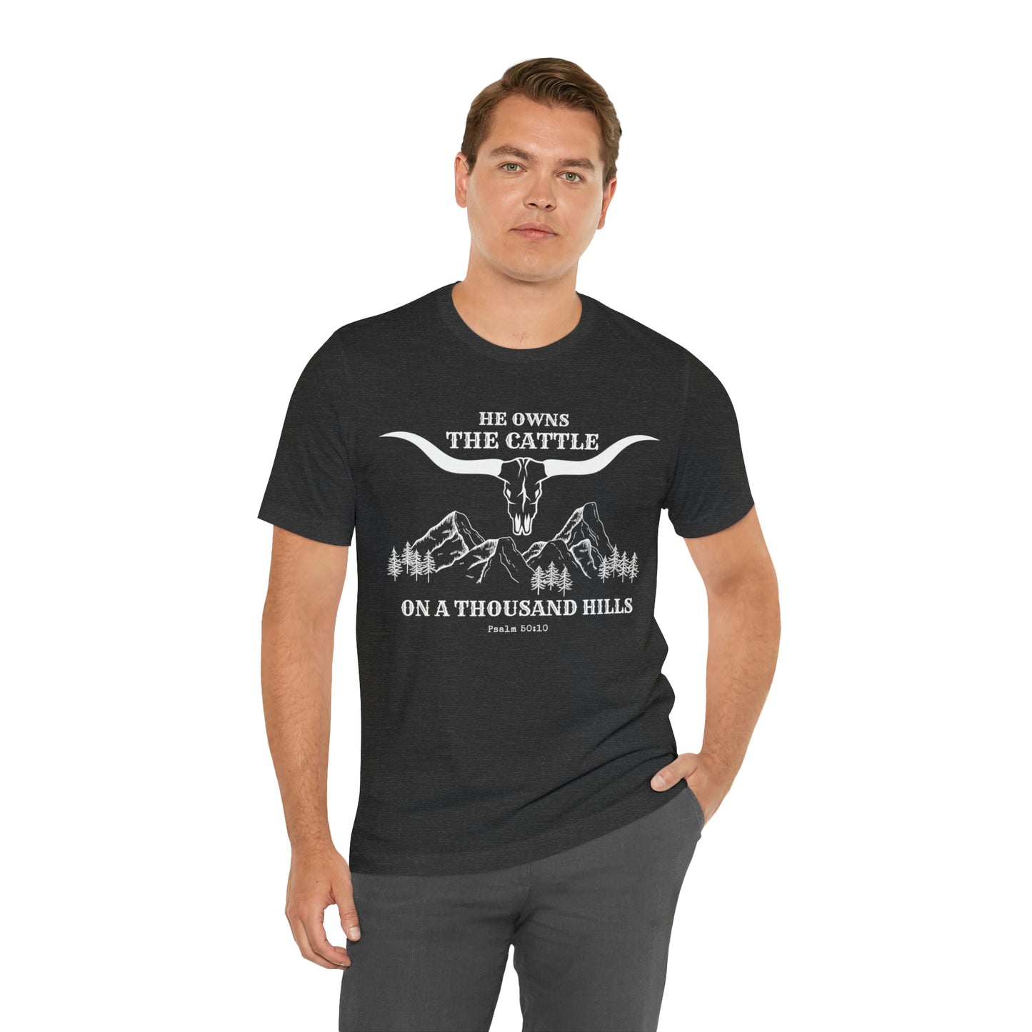 Christian Western-style T-shirt, He Owns the Cattle on a Thousand Hills, Psalm 50:10, Boho-style Christian Tee