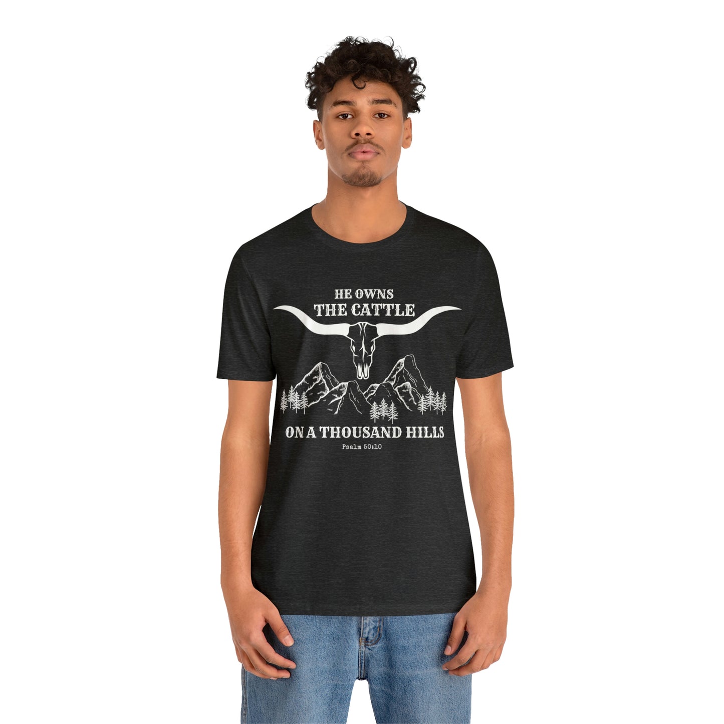 Christian Western-style T-shirt, He Owns the Cattle on a Thousand Hills, Psalm 50:10, Boho-style Christian Tee