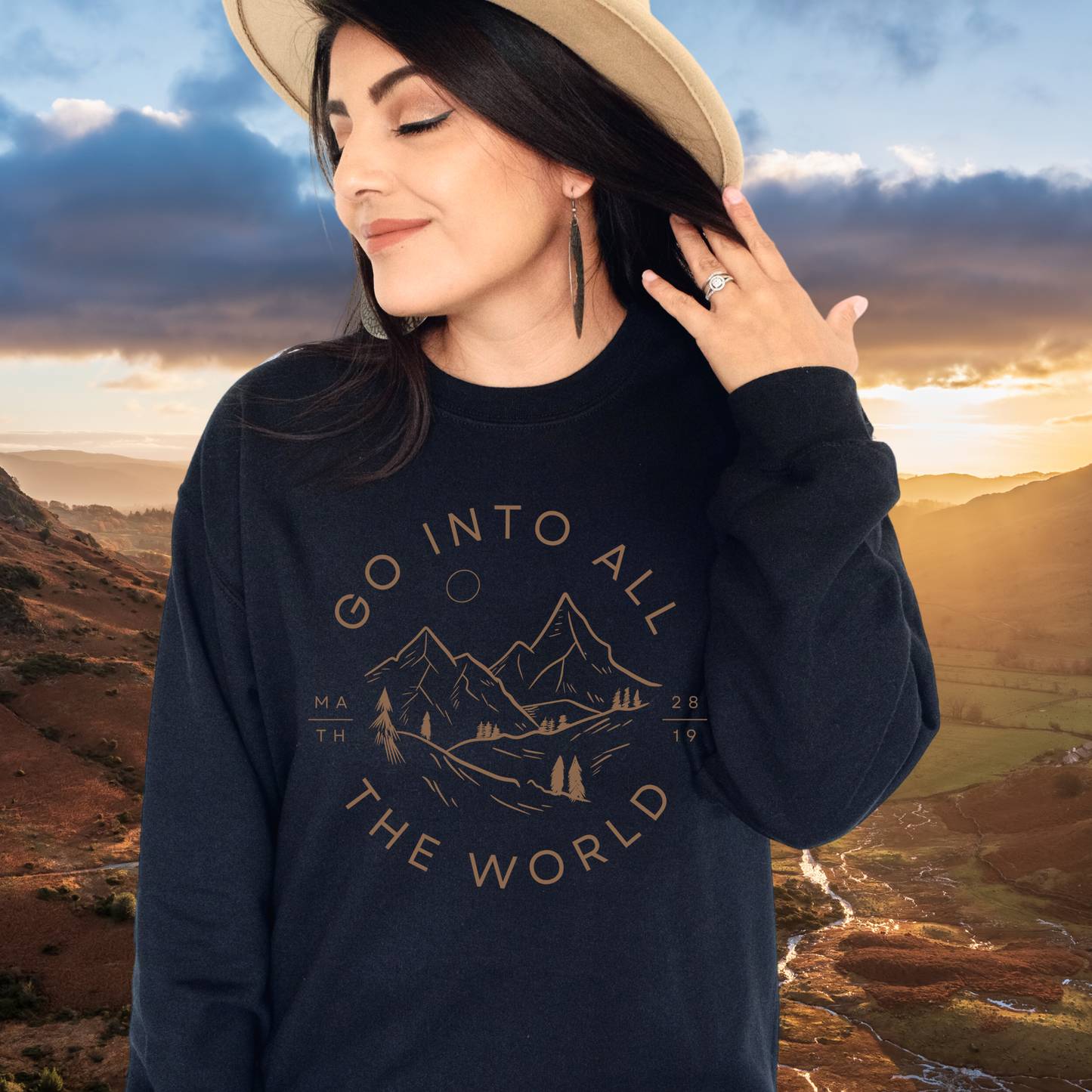 Go Into All The World, Matthew 28:19, Boho Style Christian Crewneck Sweatshirt