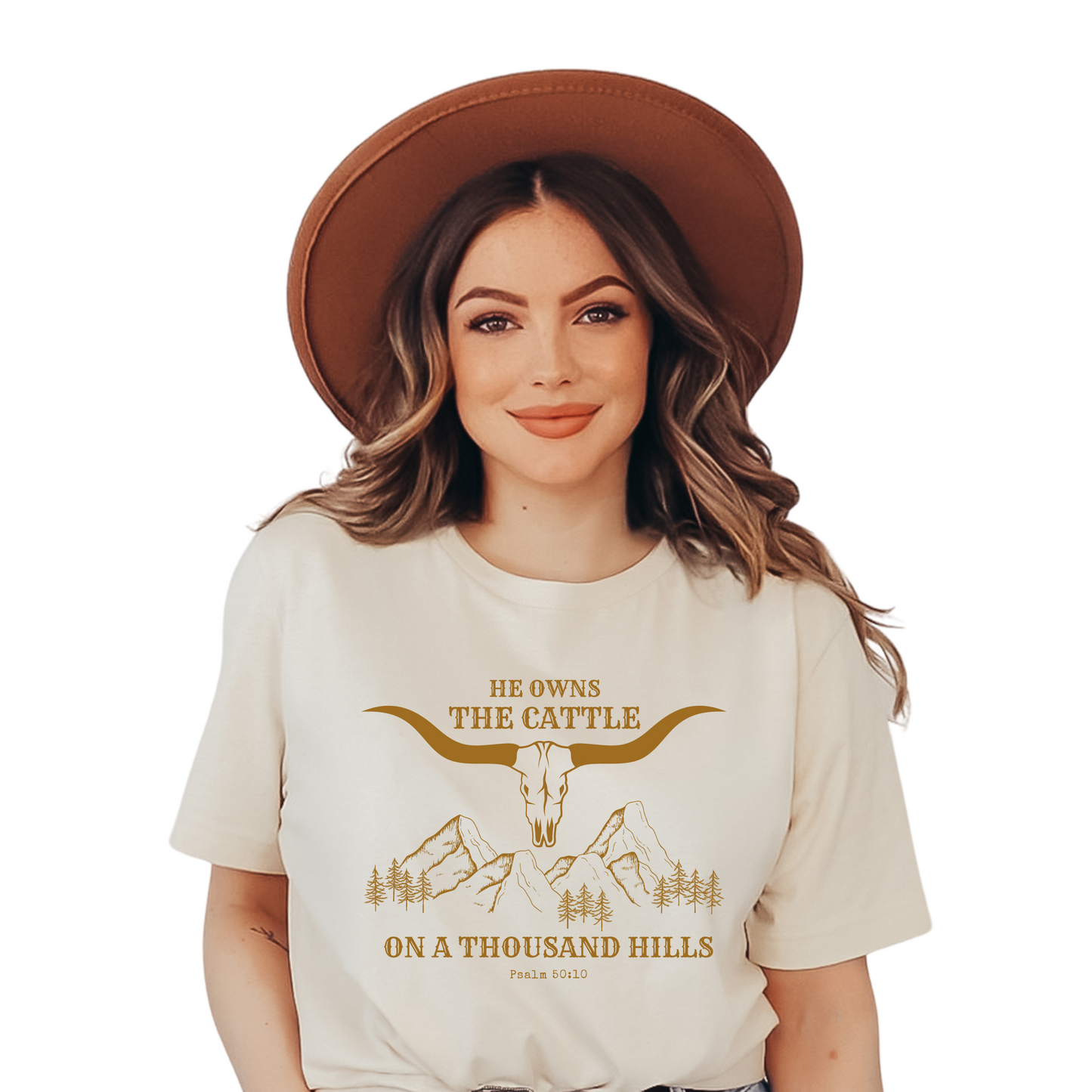 He Owns The Cattle On a Thousand Hills, Western Inspired Christian Tee, Psalm 50:10