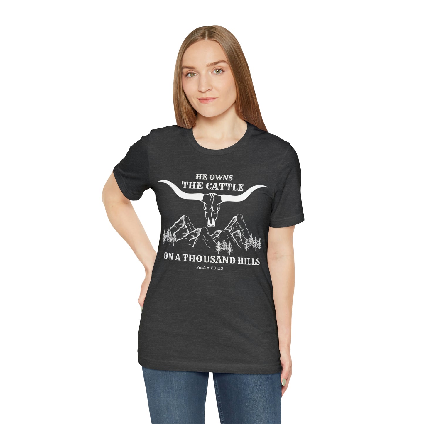 Christian Western-style T-shirt, He Owns the Cattle on a Thousand Hills, Psalm 50:10, Boho-style Christian Tee