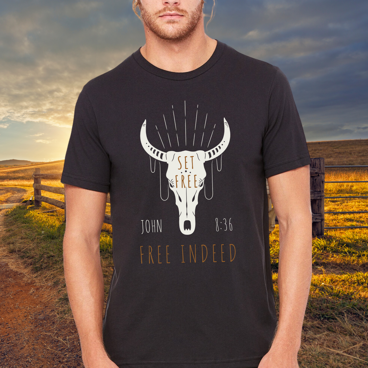 Men's Christian Graphic Tee, Set Free - Free Indeed - John 8:36, Western-Inspired Christian T-shirt