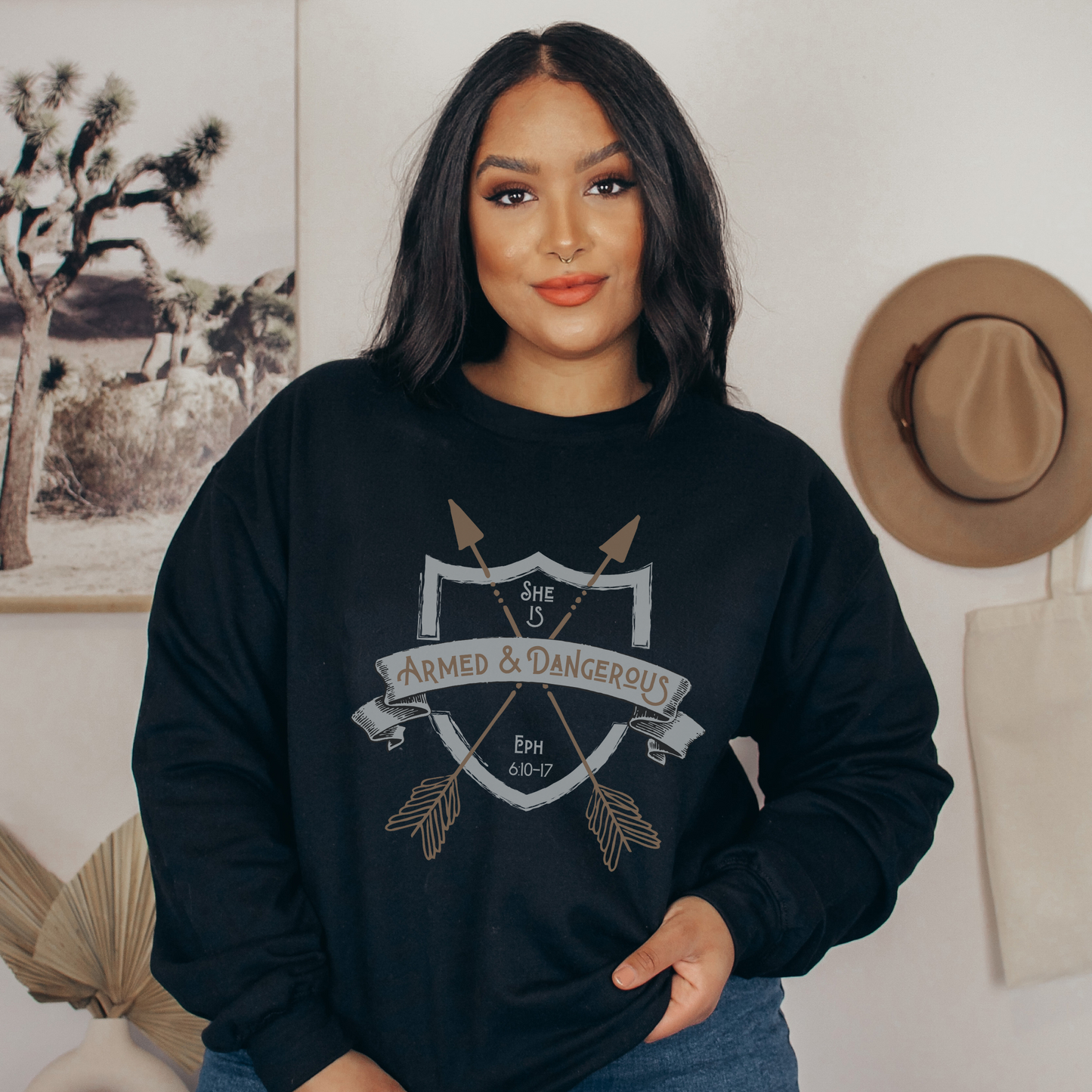 She is Armed & Dangerous, Christian Women's Crewneck Sweatshirt, Armor of God Ephesians 6:10-17