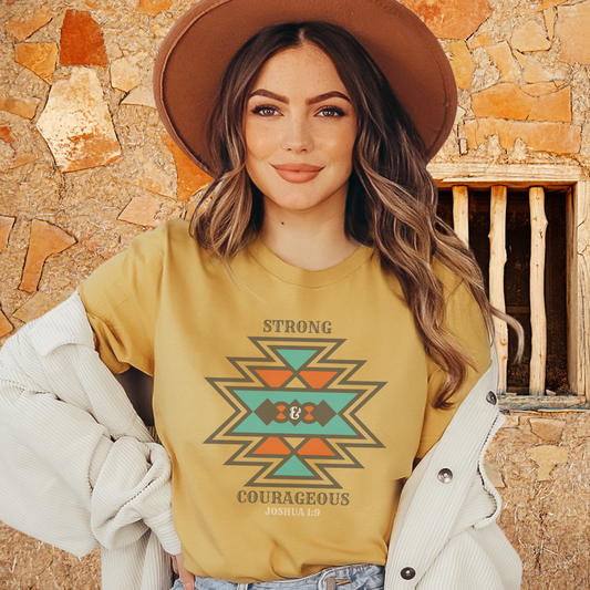 Strong & Courageous Western/Boho Style Christian T-shirt, Joshua 1:9