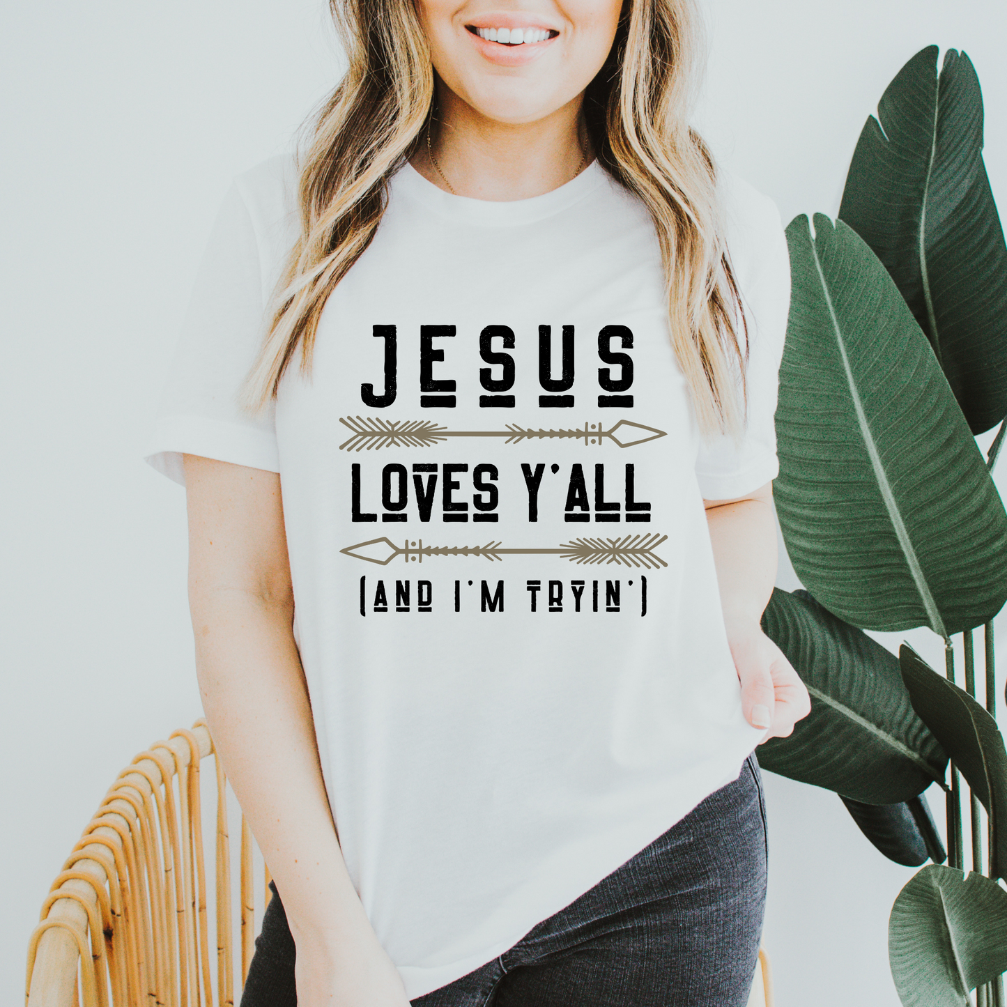 Jesus Loves Y'all (and I'm Tryin') Graphic Tee, Western/Boho Style Christian T-shirt