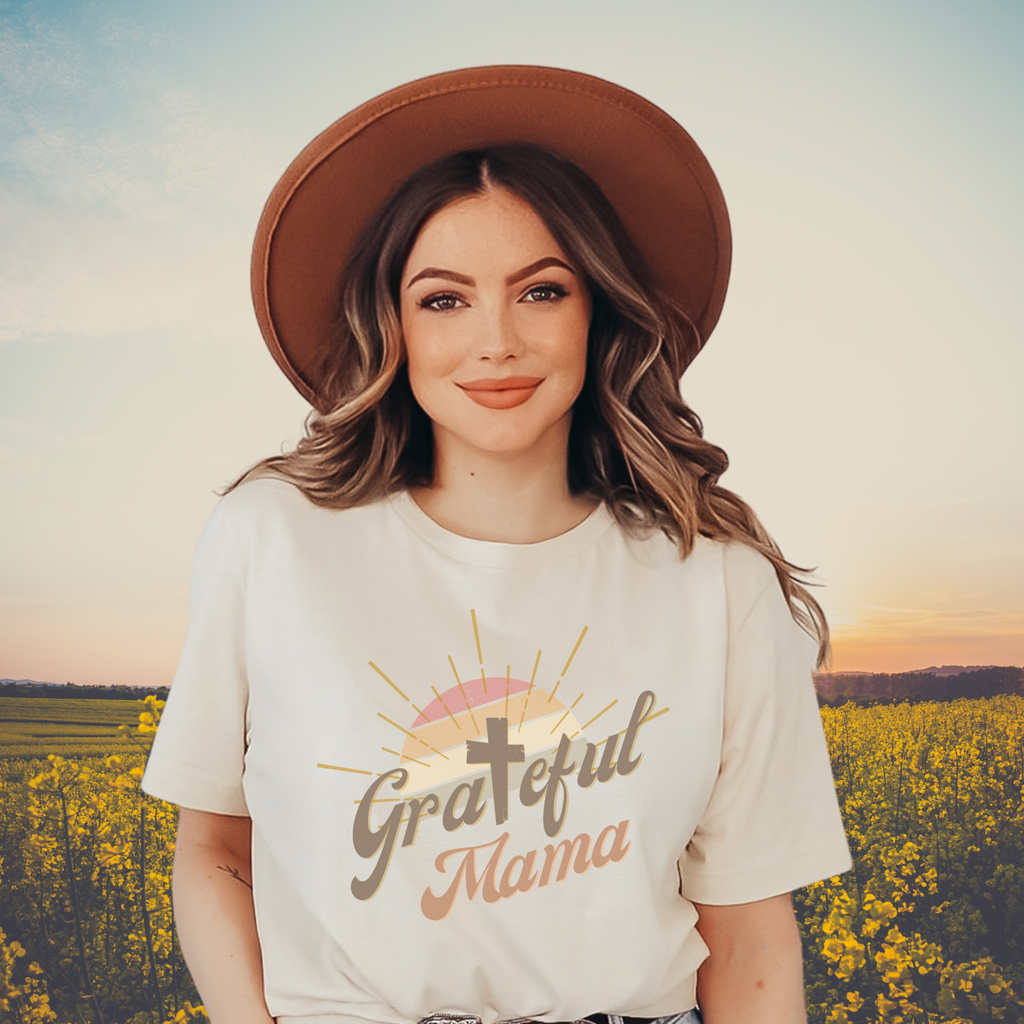 Grateful Mama, Retro/Boho Style Christian Tee