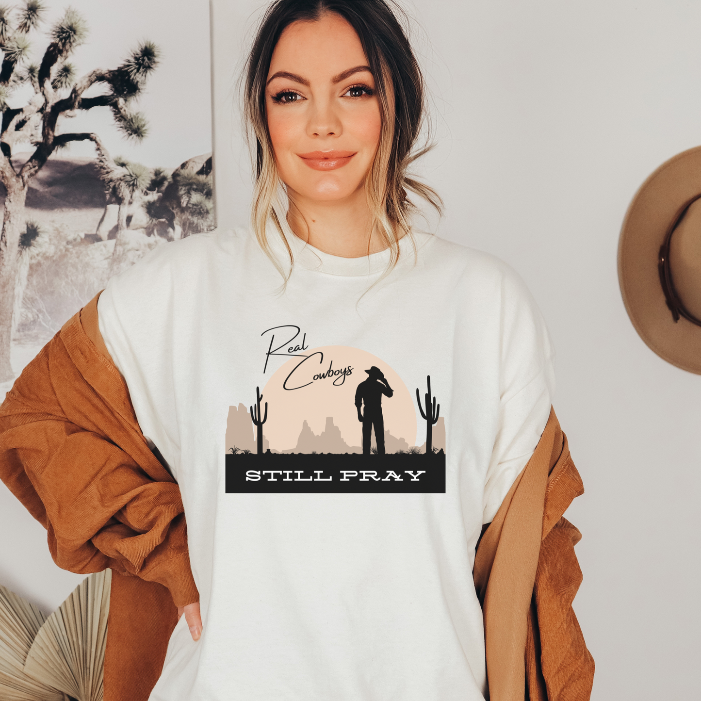 Real Cowboys Still Pray Christian T-shirt, Women's Western/Boho Style Tee