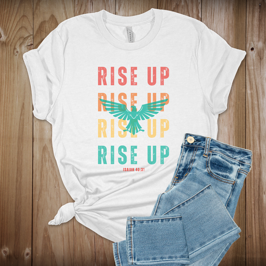 Rise Up, Isaiah 40:31, Colorful Boho Christian Graphic Tee