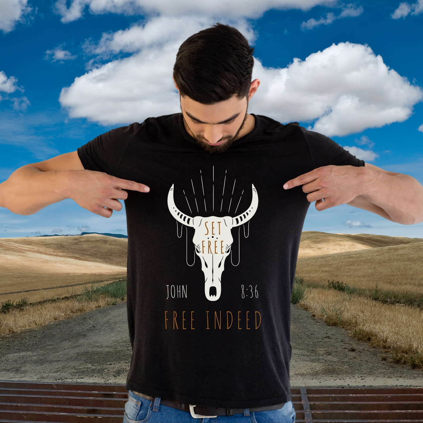 Men's Christian Graphic Tee, Set Free - Free Indeed - John 8:36, Western-Inspired Christian T-shirt