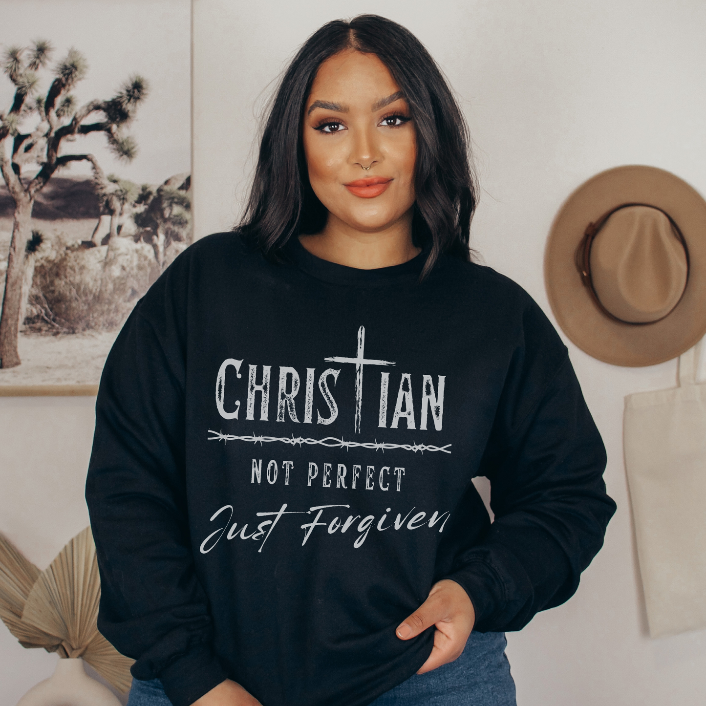 Christian: Not Perfect, Just Forgiven Crewneck Sweatshirt, Western/Boho Style Sweatshirt