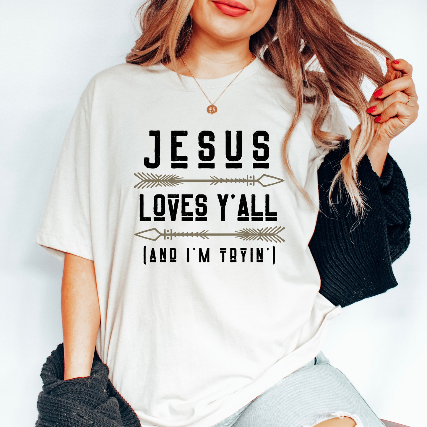 Jesus Loves Y'all (and I'm Tryin') Graphic Tee, Western/Boho Style Christian T-shirt