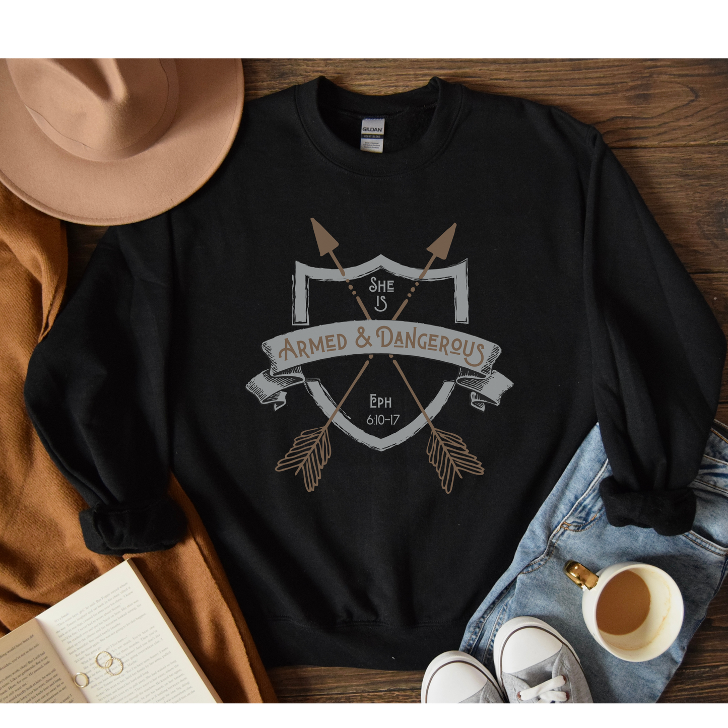 She is Armed & Dangerous, Christian Women's Crewneck Sweatshirt, Armor of God Ephesians 6:10-17