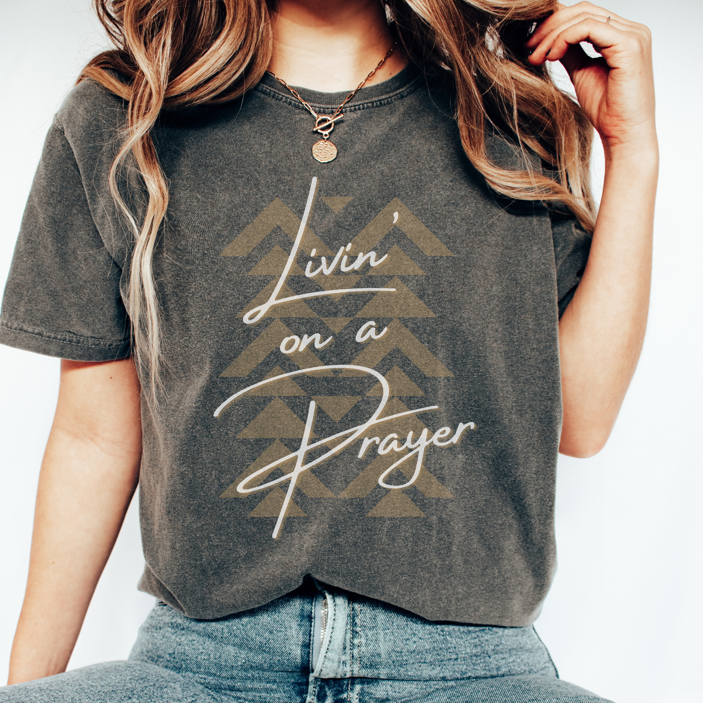 Livin' on a Prayer, Western/Boho Style, Vintage Tee, Unisex Garment-Dyed Christian T-shirt