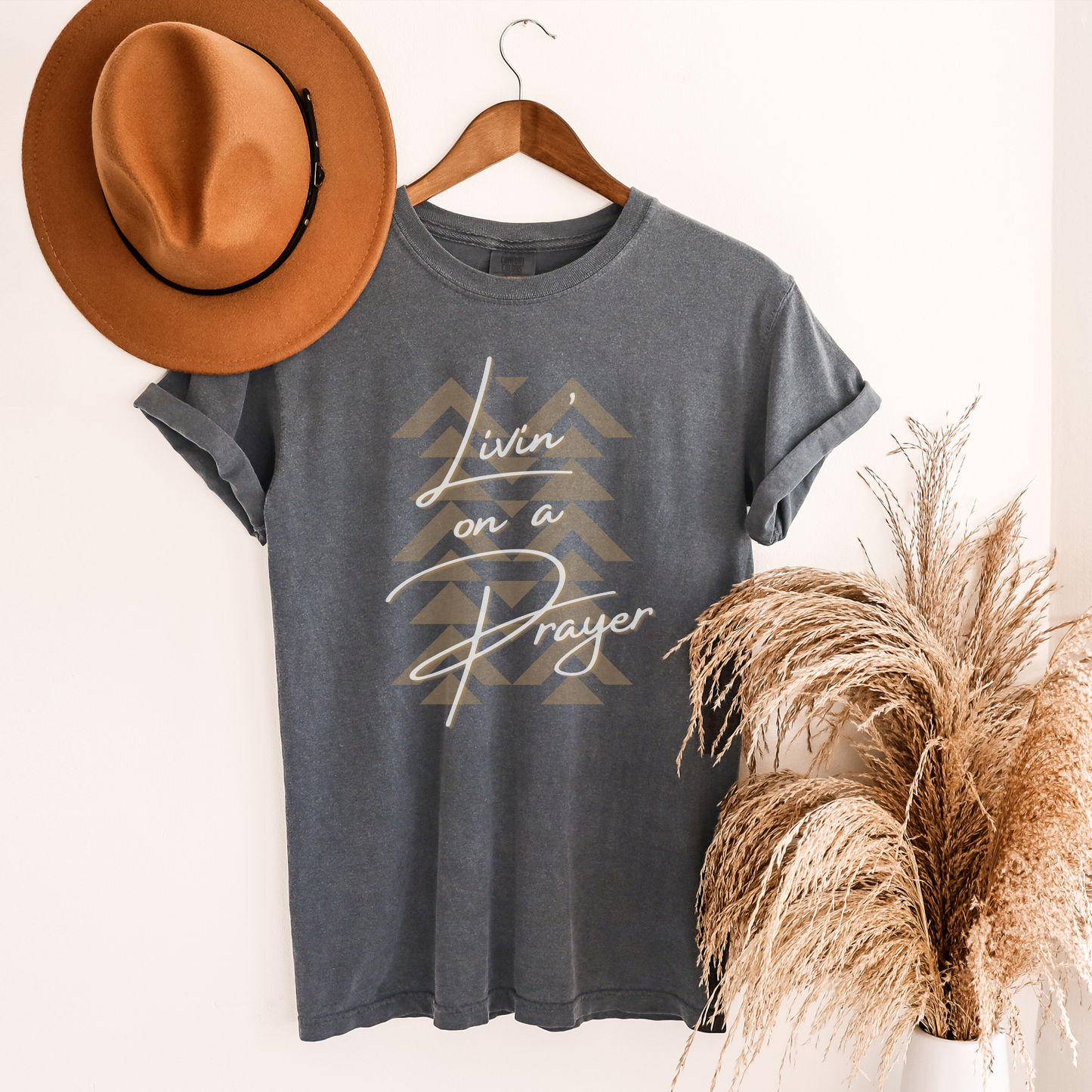 Livin' on a Prayer, Western/Boho Style, Vintage Tee, Unisex Garment-Dyed Christian T-shirt