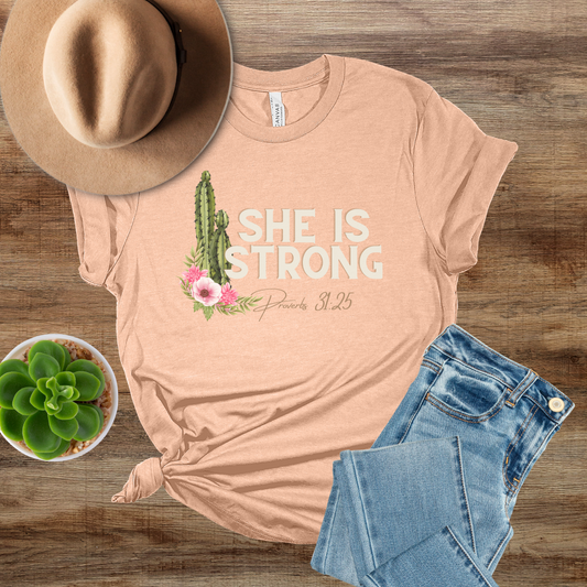 She is Strong, Proverbs 31:25 Christian T-shirt,  Western/Boho Style Christian Tee