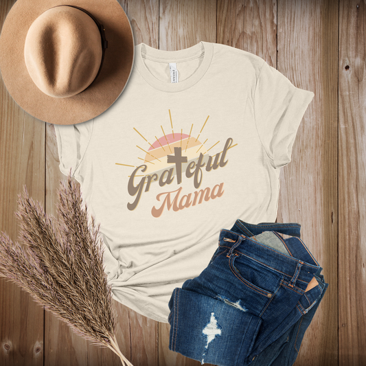 Grateful Mama, Retro/Boho Style Christian Tee