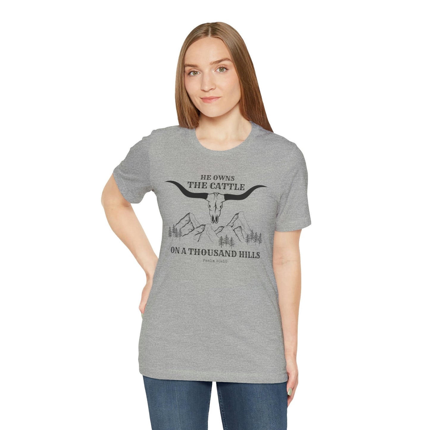 Christian T-shirt, He Owns the Cattle on a Thousand Hills, Psalm 50:10, Western/Boho-style Christian Tee