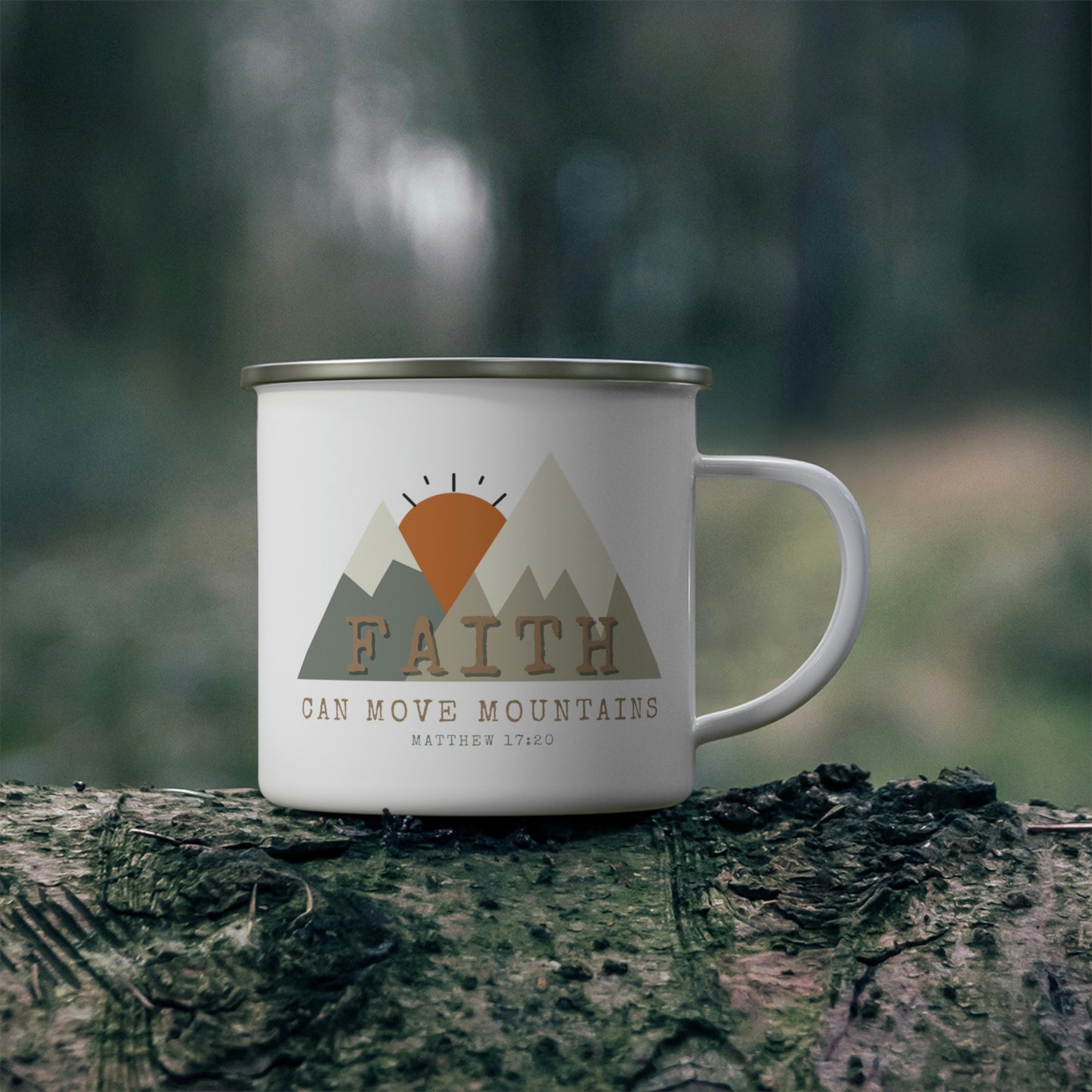 Faith Can Move Mountains Enamel Camping Mug, Christian Coffee Mug, Bible Verse Mug