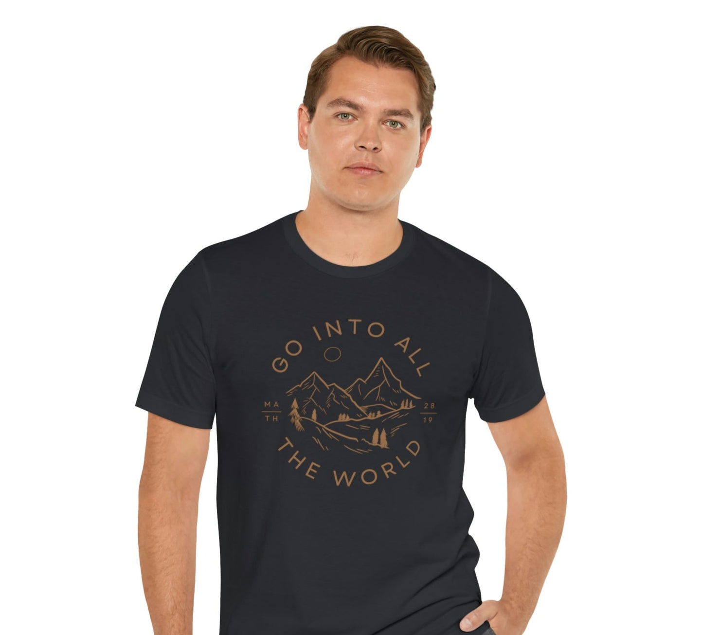 Men's Christian T-shirt, Go Into All The World, Matthew 28:19, Men's Short Sleeve Christian Tee