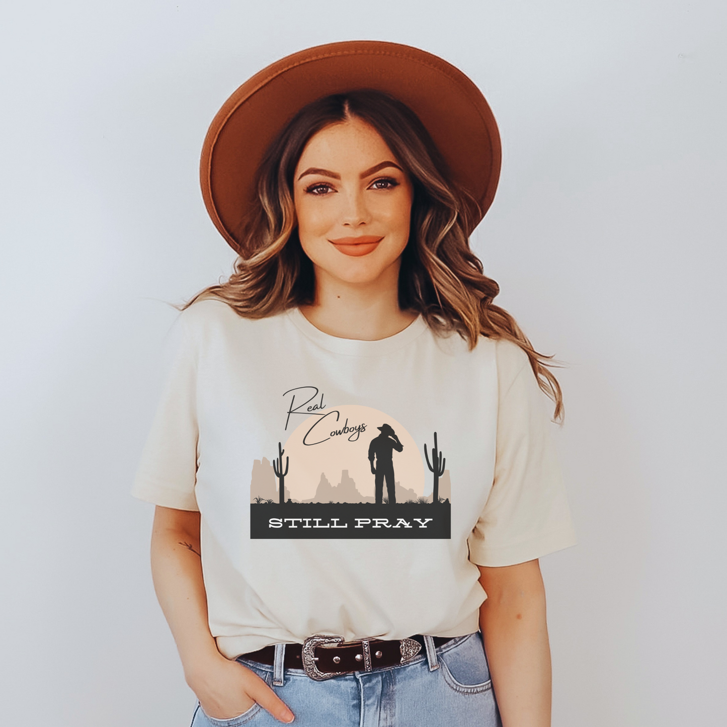 Real Cowboys Still Pray Christian T-shirt, Women's Western/Boho Style Tee